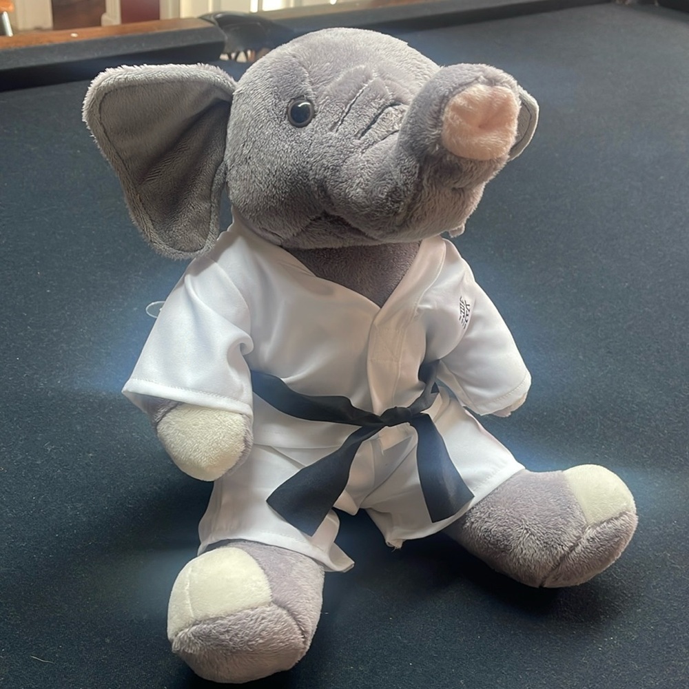 Build-a -Bear gray elephant with Black Belt Karate Bear BAB Kung Foo outfit